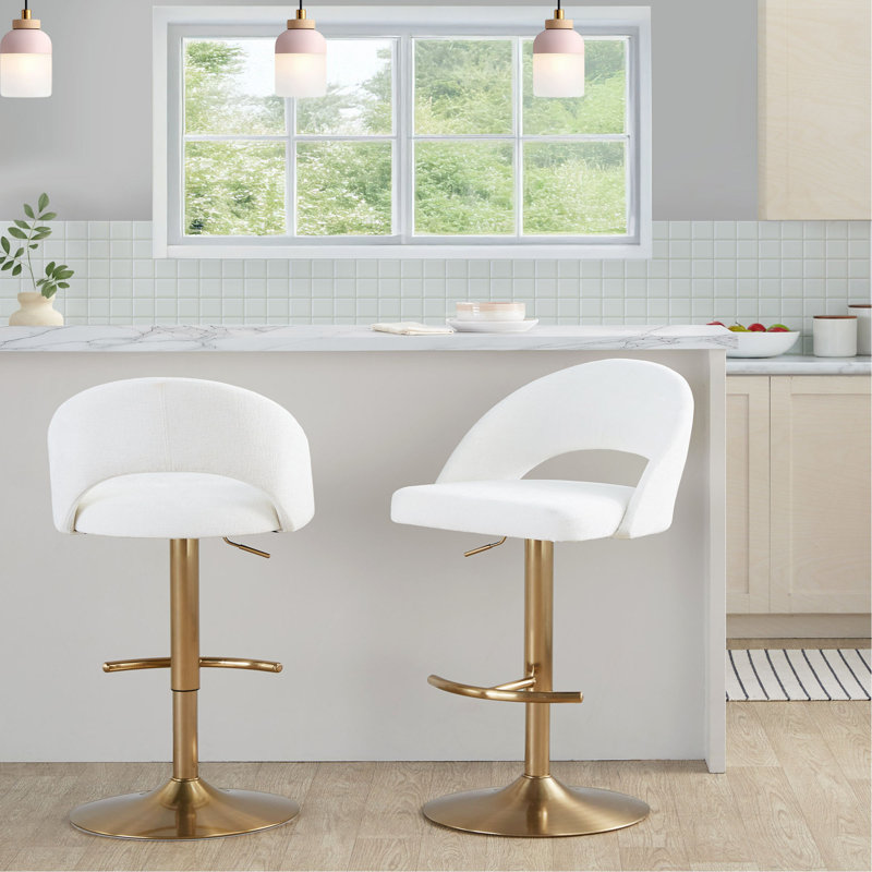 Tabouret de bar réglable avec pivot en métal doré et tissu avec repose-pieds rond en T - ensemble de 2, Crème, Doré