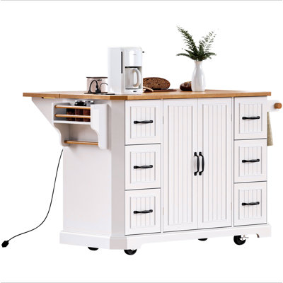 56 Inch Kitchen Island With Rubber Wood Veneer Drop Leaf, Power Outlet, 4 Door Shelves, Embossed Vertical Stripe Rolling Kitchen Cart On 4 Wheels With 6 Deep Drawers For Kitchen, Dining Room
