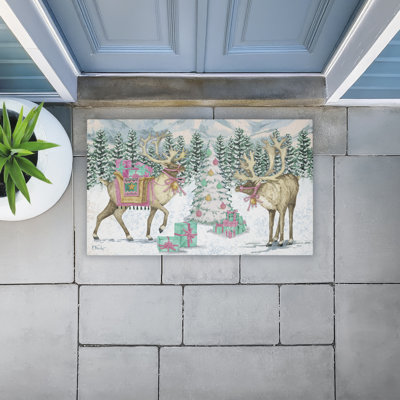 Tapis de porte d'extérieur imprimé Whimsy Holiday Reindeer, par Paul Brent, 18 po x 30 po