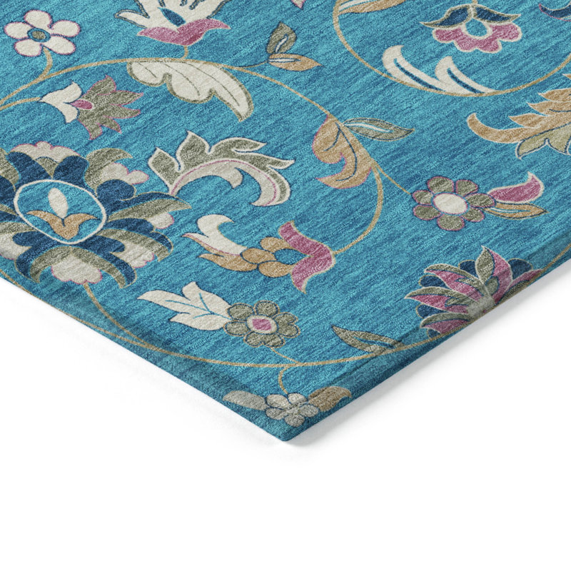 Teal Floral Synthetic Washable Rectangular Area Rug