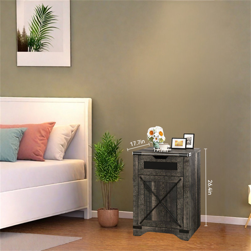 Vintage Farmhouse Nightstand With Charging Station – Rustic Side Table With Drawer & X-Shaped Barn Door, Dark Brown
