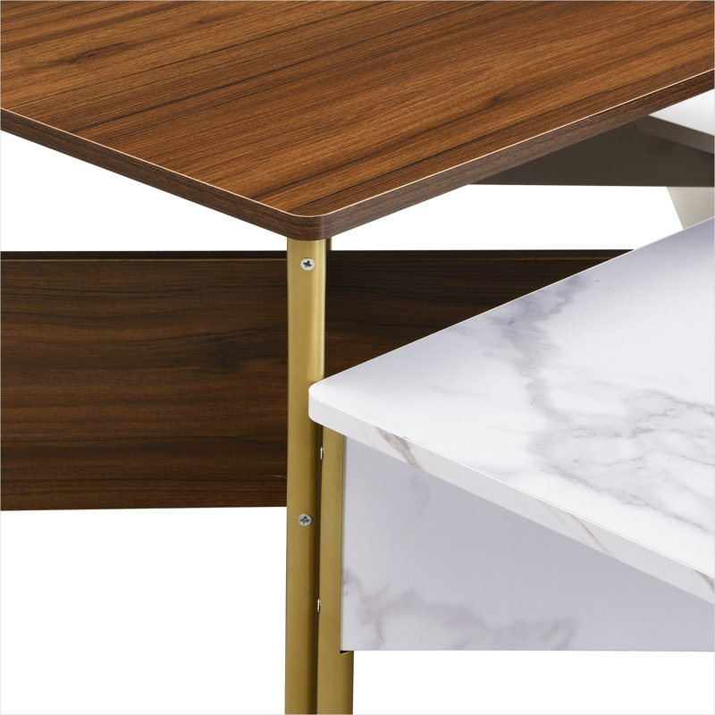 Ensemble de 4 tables gigognes gigognes, configurations polyvalentes, plateau carré en MDF à effet marbre, pieds en métal noyer, finition blanche