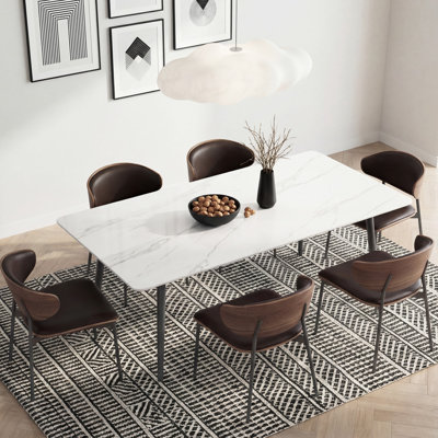 70.8 Inch Sintered Stone Dining Table Modern Rectangular Kitchen Furniture For 6 People White Stone Top Black Metal Legs