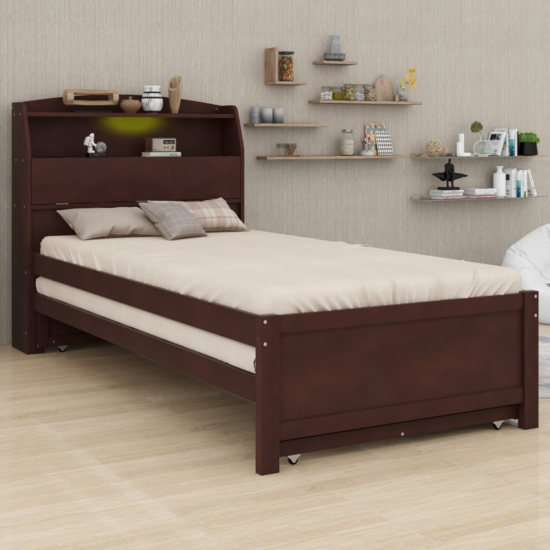 Lit plateforme en bois avec lit gigogne et tête de lit à DEL avec tiroirs, Espresso