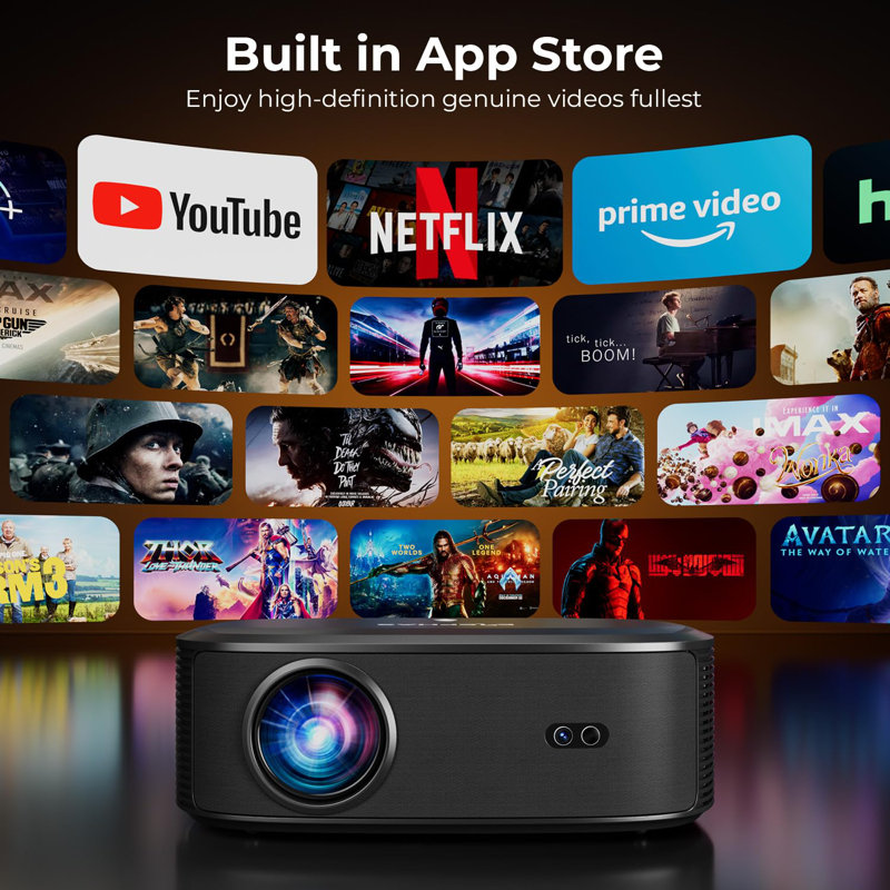 4K Projector With Wifi And Bluetooth, Outdoor Movie Projector With NETFLIX/Prime Video/Youtube Built-In, 100,000+ Apps Supported, Video Projector Compatible With HDMI/USB/Ios/Android/Windows