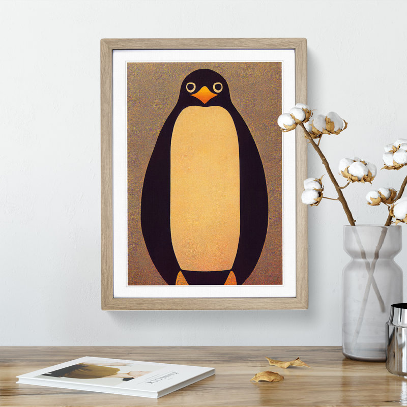 Retro Penguin Art No.1 - Wall Art, 34cm H x 25cm W x 2cm D, Oak Framed