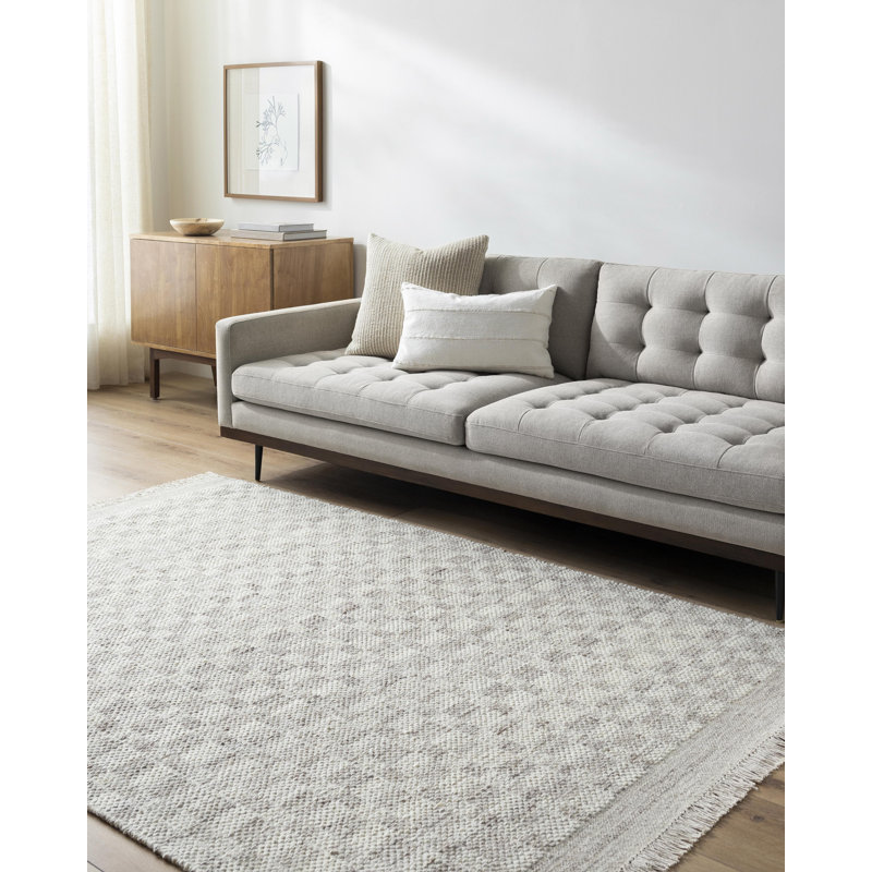 Lavande Checkered Wool Area Rug in Gray/Ivory, Rectangle 8'10" x 12'