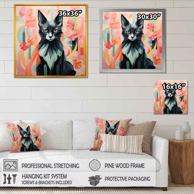 «Black Playful Cat Floral Meadows» - art mural chat, H 16 po x l 16 po x P 1 po, Cadre doré simple