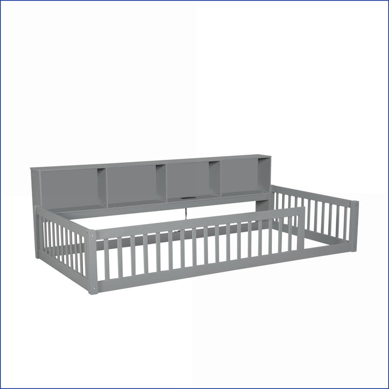 Lit plateforme simple en bois de pin de taille XL avec armoires de rangement Ports USB, gris - aucun sommier nécessaire, Gris