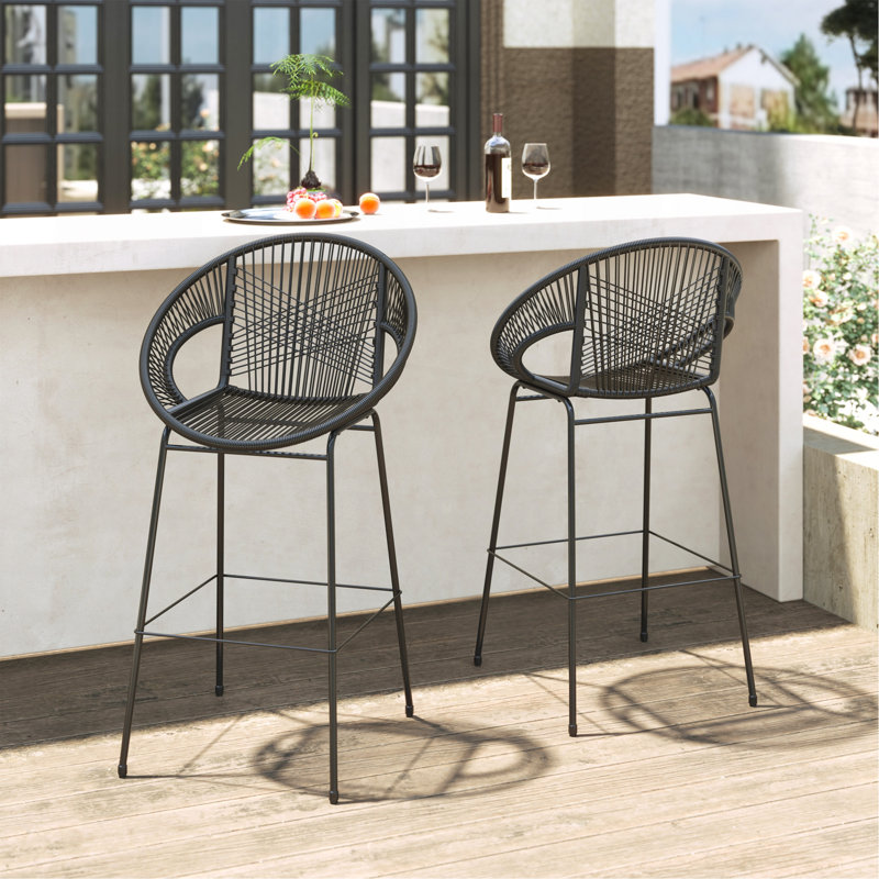 Ferrara Outdoor Patio Black Faux Wicker Barstool, Set Of 2, Black