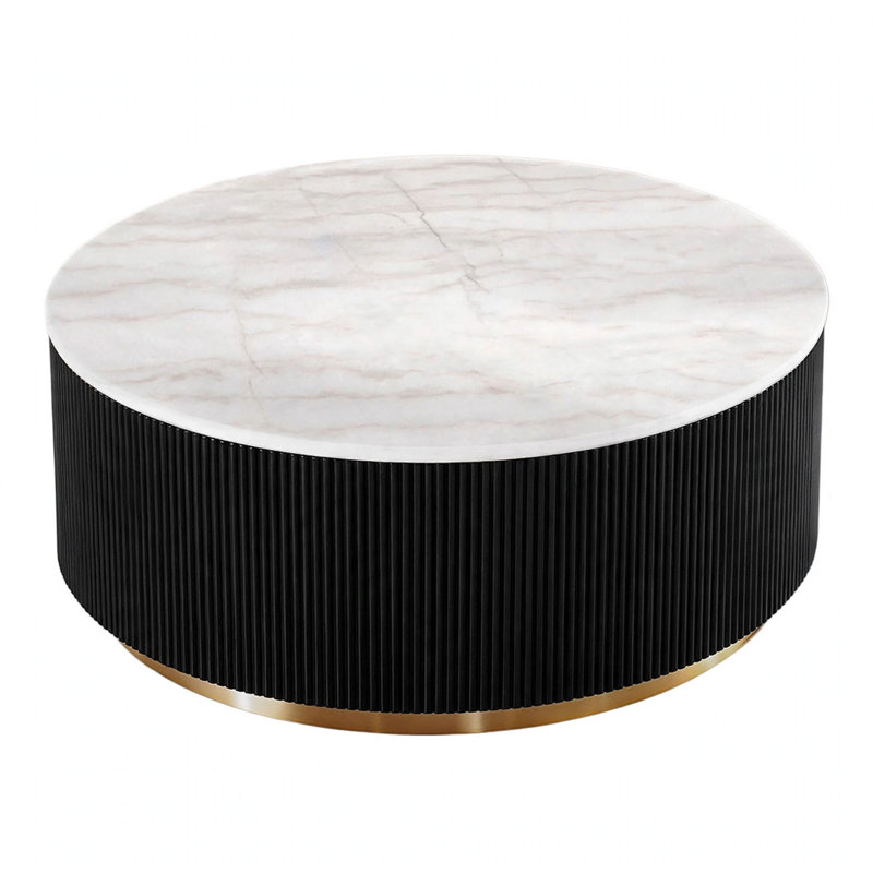 Table basse Viren, accents dorés, plateau en marbre, piètement cannelé noir, 89 cm