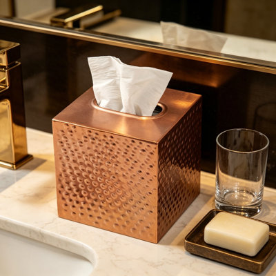 Gold Cube Tissue Box Cover Holder - Square Metal Facial Paper Dispenser for Bathroom, Office, Home Decor - Vintage Matte Wood & Metal Decorative Tissue Box Cover with Hand-Hammered Finish