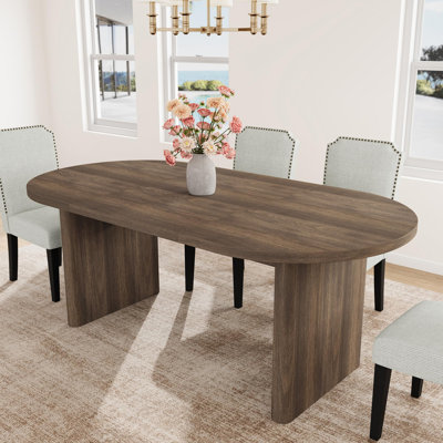 Ensemble de table de salle à manger ovale de 70,8 pouces pour 6 personnes, comprenant une table de cuisine 5 pièces avec un piètement en bois épais et robuste et 4 chaises rembourrées à dossier haut avec pieds en bois et assises rembourrées.