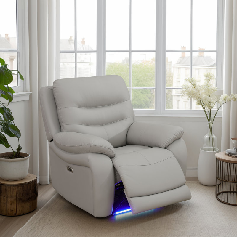 Ensemble de canapé inclinable électrique en cuir 3 pièces avec lumière DEL, port USB et console de rangement, Light Gray