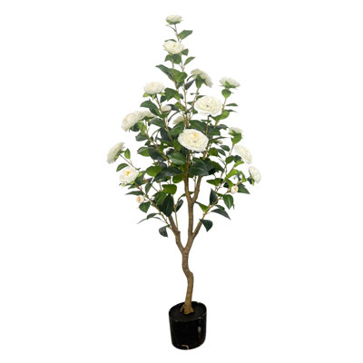 Season's Designs Artificial Camellia Tree in Pot, 4' White Rose Tree