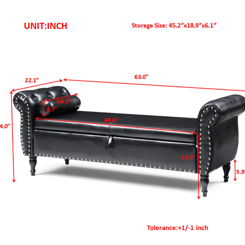 Banc de rangement rembourré Pu, Black