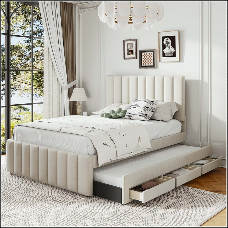 Lit plateforme double tapissier avec lit gigogne et 3 tiroirs, Beige, Double