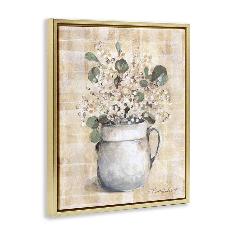 «Eucalyptus in Pottery», art mural sur toile flottante par Kelley Talent, H 31 po x l 25 po, Cadre flottant métallique doré