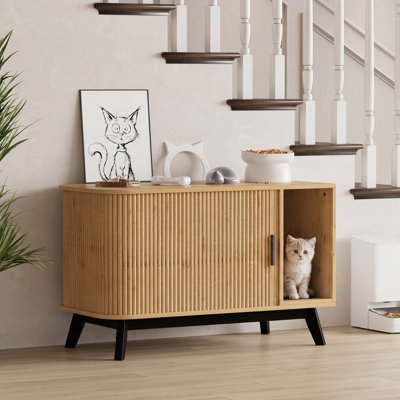 Meuble de litière pour chat 39 "avec porte coulissante et tapis, table d'appoint moderne en noyer, maisonnette intérieure et enceinte pour le salon, naturel