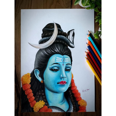 Beautiful Mahadev Shiva Color Pencil Wall Art - Original Spiritual Artwork by Sunil Kumar, Framed Indian Religious Home Decor, Ready to Hang