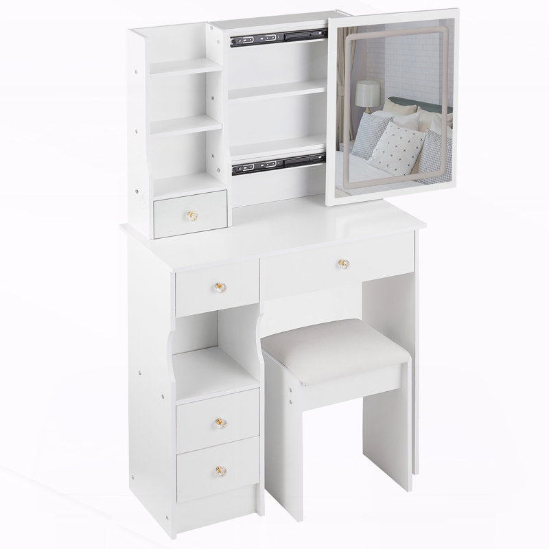 37" Makeup Vanity Desk With Sliding LED Mirror And Power Outlet – Lighted Vanity Table Set With Stool, White