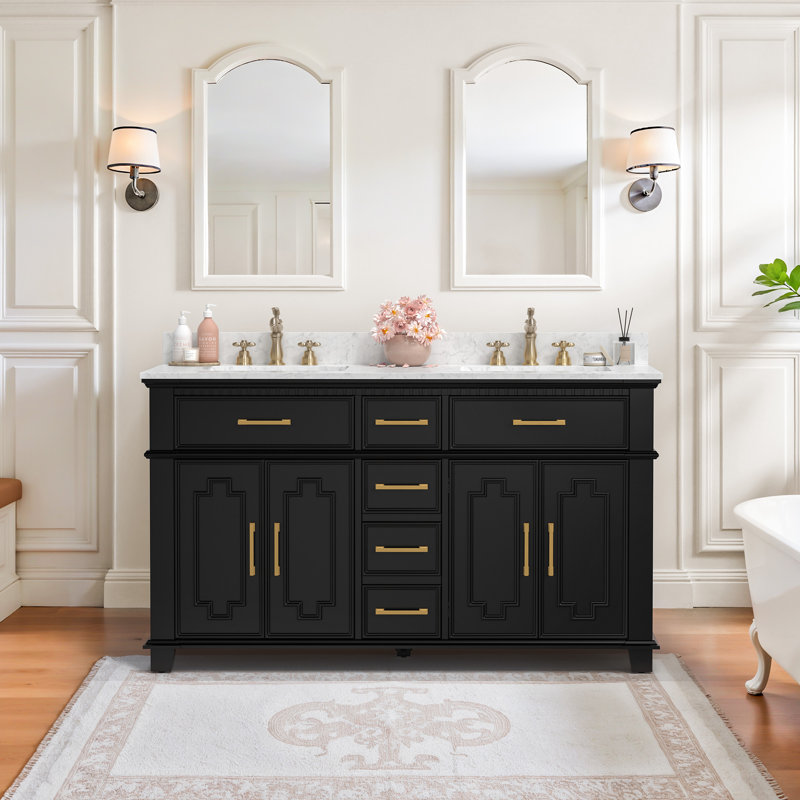 Ensemble de meuble-lavabo double 60 po avec plateau en pierre reconstituée Scarlett, Noir / or brossé