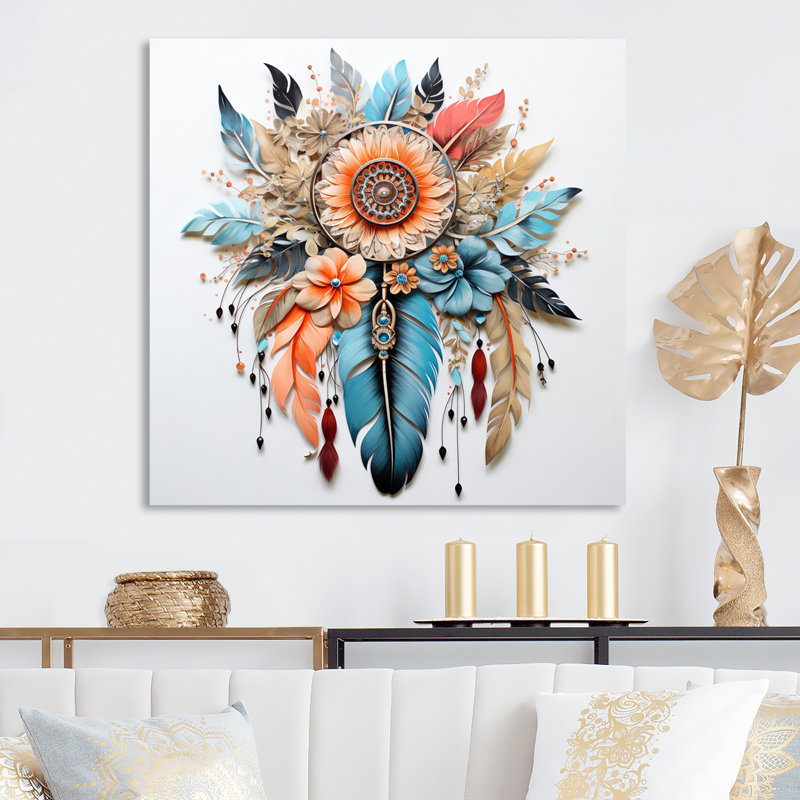 «Orange Boho Flowers And Blue Feathers I», reproduction sur toile, H 16 po x l 16 po x P 1 po, Toile tendue