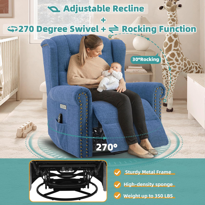 Meetwarm Power Swivel Rocking Glider Recliner Chair With Heat And Vibration, Electric Rocker Nursery Reclining Chair, Wingback Tufted Upholstered Recliner For Living Room, Type-C & Usb Ports