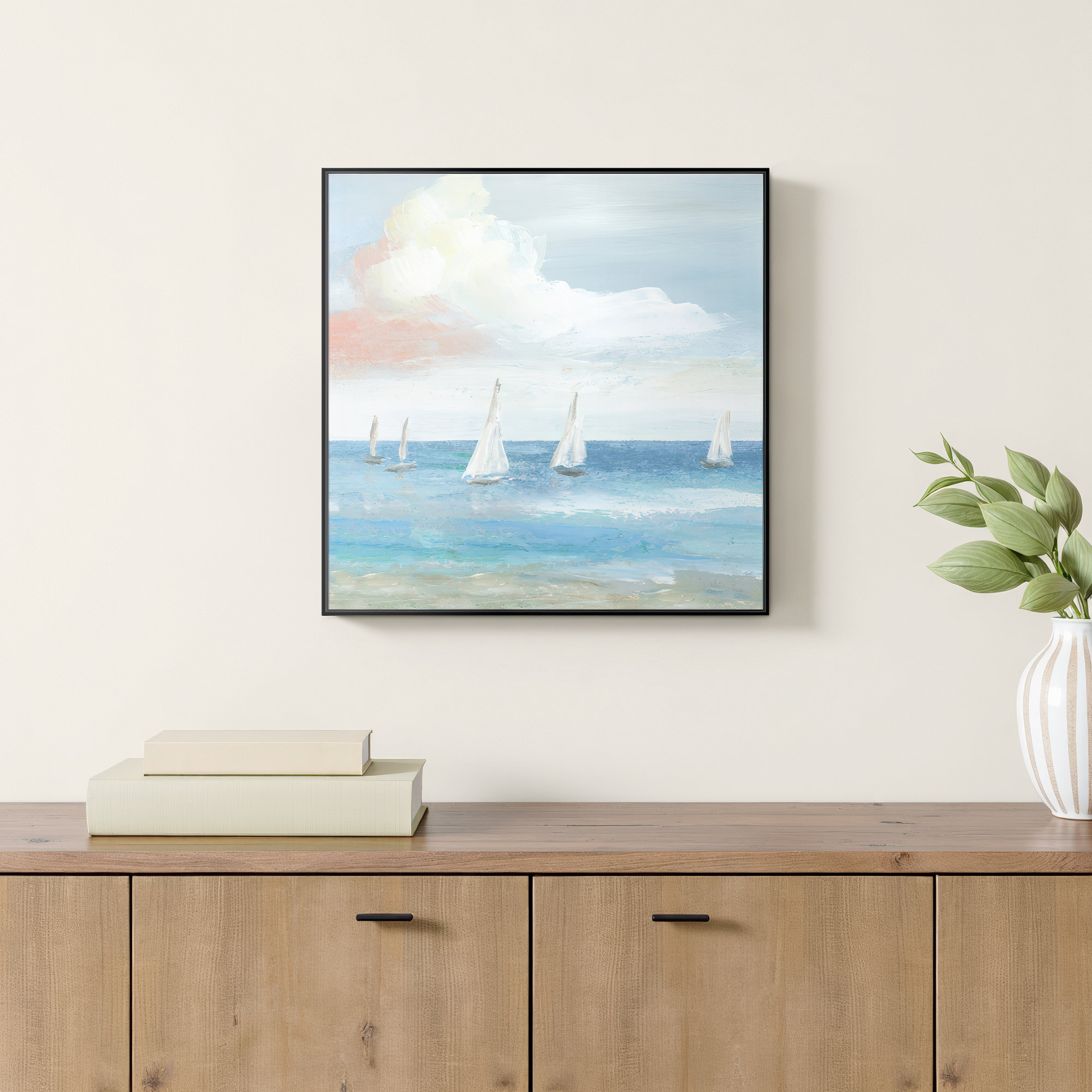 Beach Sail Bliss by Nan - Floater Frame Print on Canvas, Black, 46.5" H x 46.5" W x 2" D