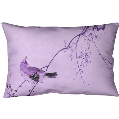 Japanese Bird and Blossoms Watercolor Lumbar Pillow