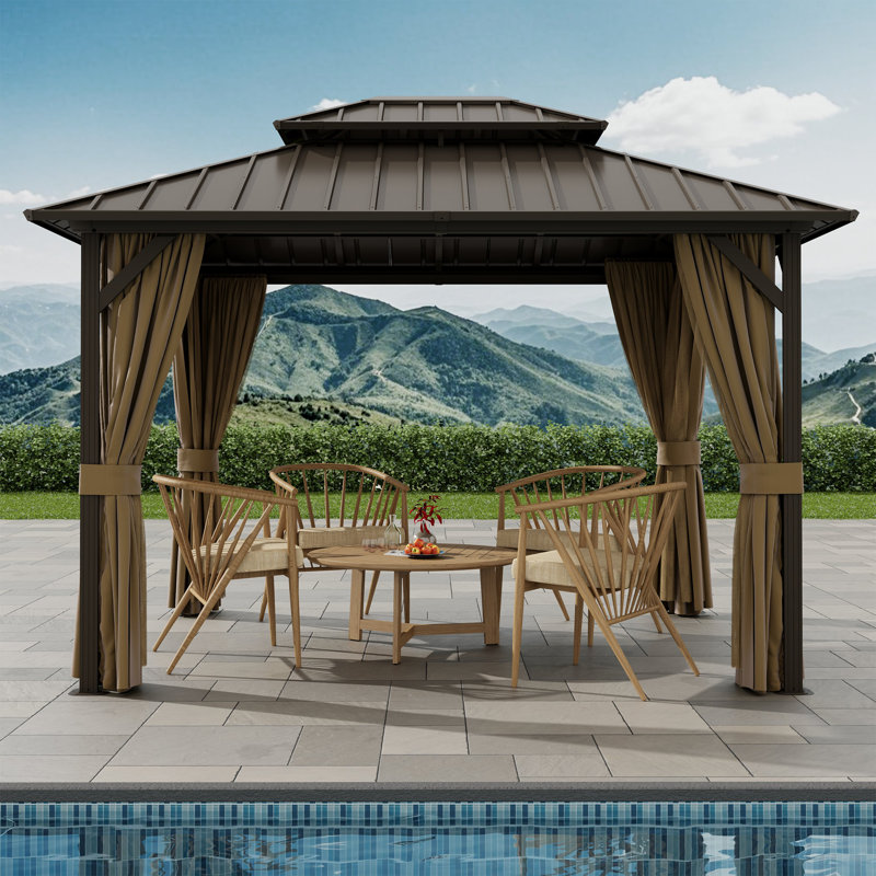 10 x 12 ft Hardtop Gazebo, Outdoor Aluminum Frame Galvanized Steel Double Roof Pavilion With Netting And Shaded Curtains, Permanent Metal Pergolas For Patio, Backyard, Deck And Lawns.