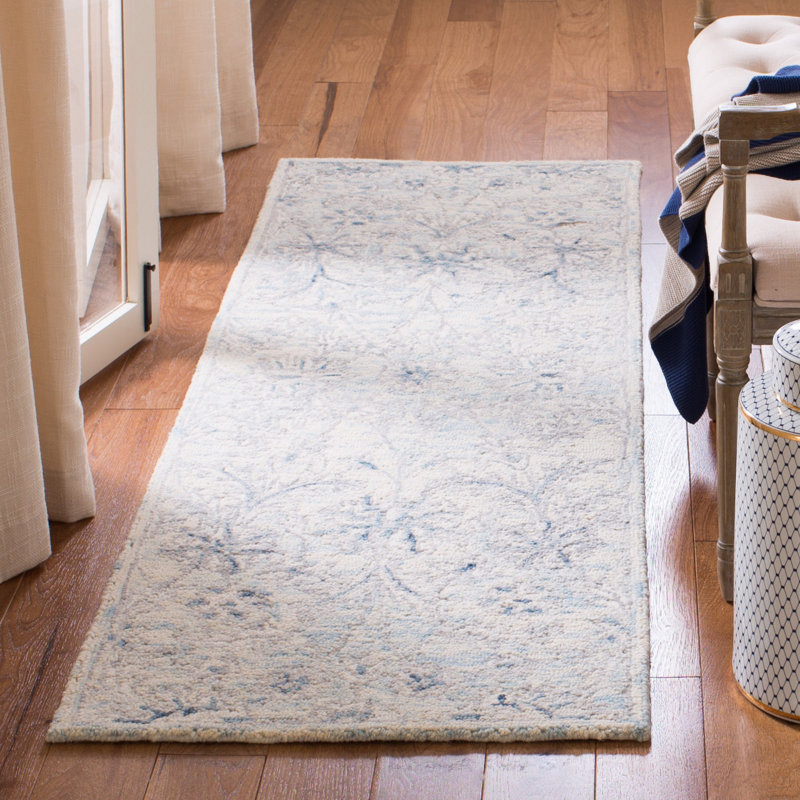 Tapis bleu clair / ivoire en laine tissé à plat à la main Dasheil, Tapis de couloir 2 pi 3 po x 9 pi