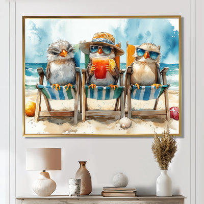Canari sur la plage, chaise longue - Reproduction d'art mural animal côtier