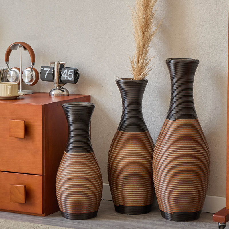 Eibhinn 3 Piece Set Retro Handmade Rattan Floor Vase, Tall Large Flower Vase, Multicolor Finish, Black/Brown