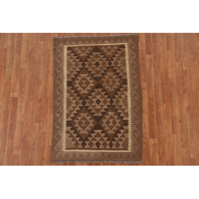 Brown Wool Kilim Geometric Area Rug 3x5