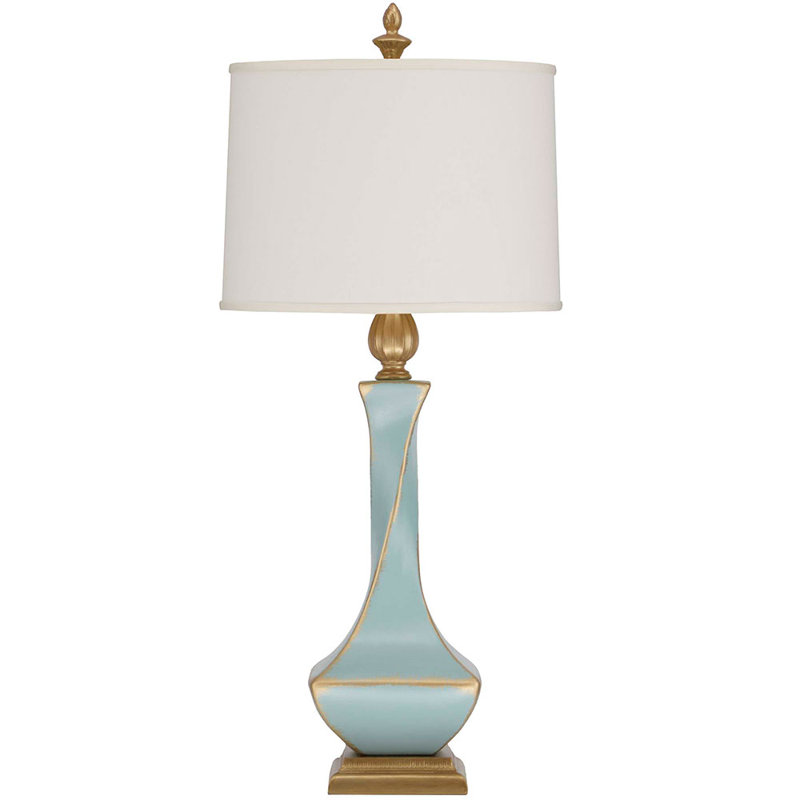 Aquamarine Ceramic Table Lamp with Cream Shade and Gold Accents