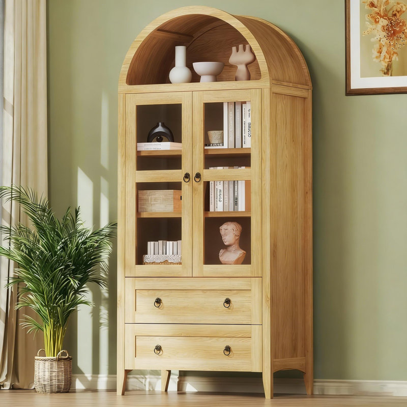 Vitrine arquée avec tiroirs et tablettes réglables, Naturel