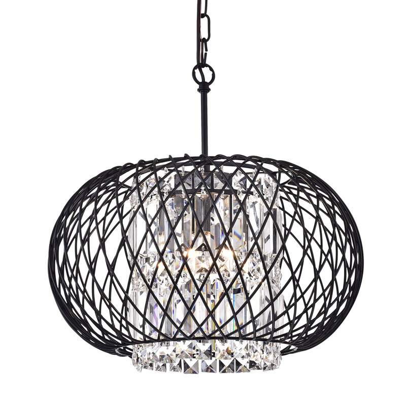 17 in. 3-Light Antique Black Drum Crystal Pendant Chandelier, Adjustable Chain Dimmable Hardwired Ceiling Fixture