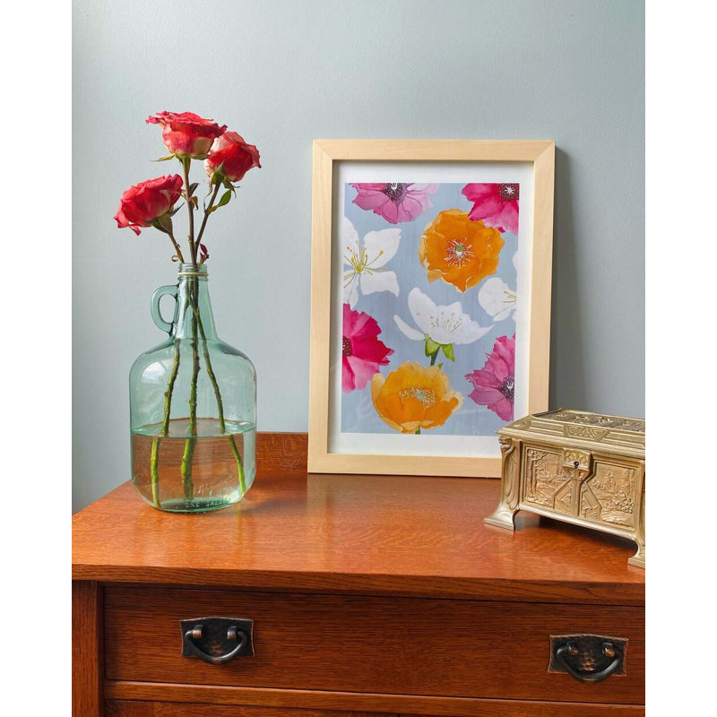 Reproduction d'art: Fleurs de cactus sur fond gris, H 22 po x l 17 po x P 0,1 po