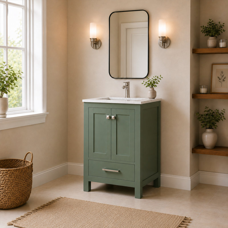 Ensemble de meuble-lavabo autoportant 24 po Amandie en vert forêt avec plateau en marbre de Carrare, Marbre / Carrare blanc