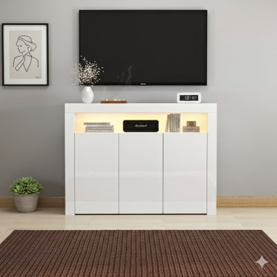 Living Room Sideboard Storage Cabinet In White High-Gloss Finish With LED Light, A Modern Kitchen Unit, Cupboard, Buffet, Wooden Storage Display Cabinet, Or TV Stand With Three Doors For The Hallway Or Dining Room.