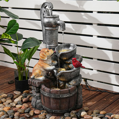 Fontaine d'eau pastorale 30 "avec lumières à DEL, chiot et oiseau rouge, deux bols et cascade décorative en cascade, élément extérieur en résine résistant aux intempéries à 3 niveaux