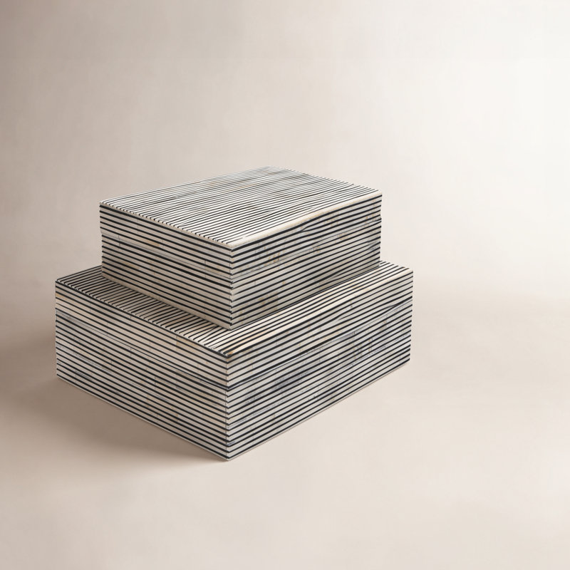 Ensemble de 2 boîtes de rangement à rayures fines en polyrésine blanche et grise 10 "et 12"