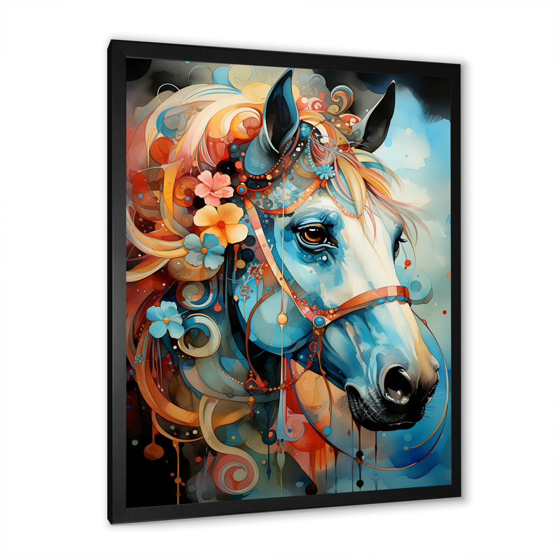 «Whimsical of a Flower Horse Cantering in Fog», reproduction sur toile, Cadre photo noir simple, H 32 po x l 16 po x P 1 po