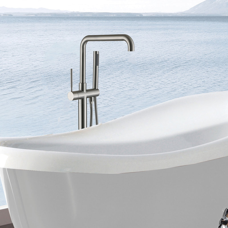 Freestanding Tub Faucet With Hand Shower, 3, Blush, Metal, 6.27 In W X D 41.23 H, 11.06 Lb - Bathroom Remodeling 3 Handles, Blush Colored Bath Accessory
