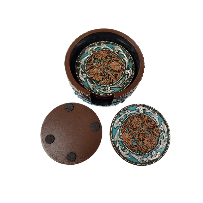 Ensemble de 4 sous-verres en polyrésine et cuir brun rustique poli avec support décoratif