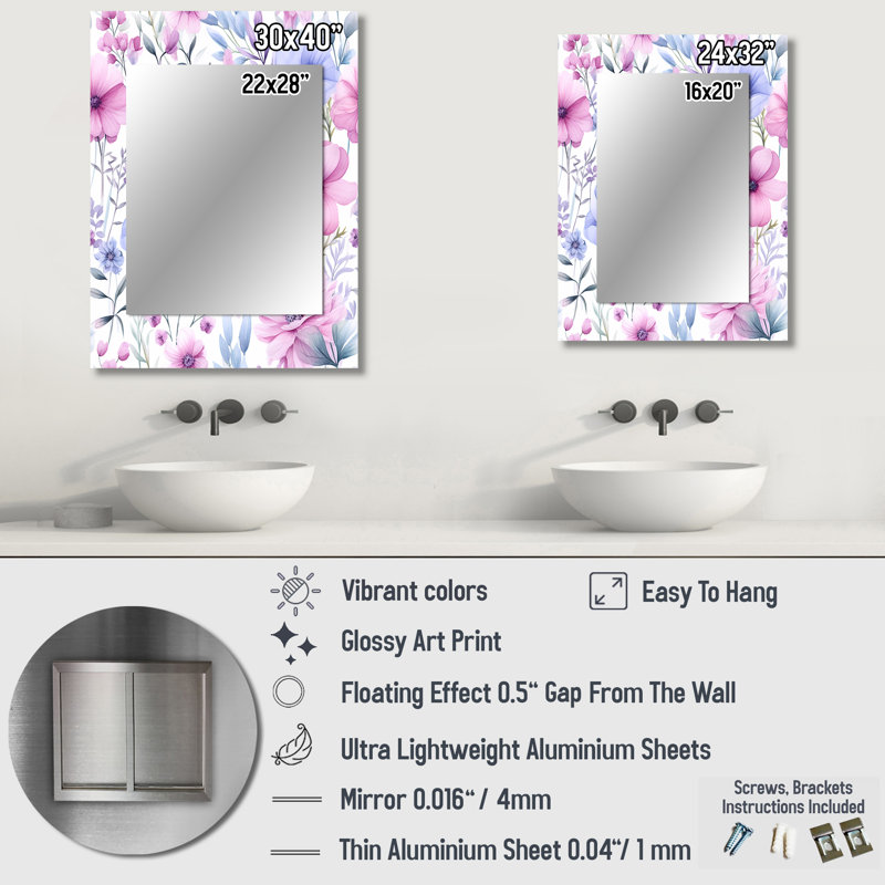 Pink And Blue Petunia On White III - Flowers Large Mirror, Traditional Unique Wall Mirror Decor, Printed Metal Art, 40" x 30"