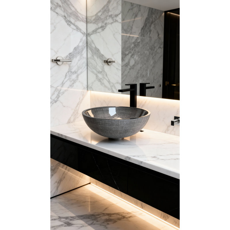 Maestro Bath Atelier 17.4'' Glass Circular Bathroom Sink, Silver/Black