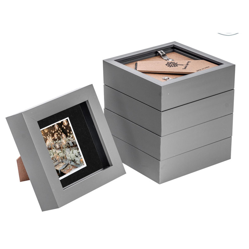 Bevelled Shadow Box Picture Frame with Mat, 12.5cm H x 12.5cm W x 3.5cm D, Grey/Black