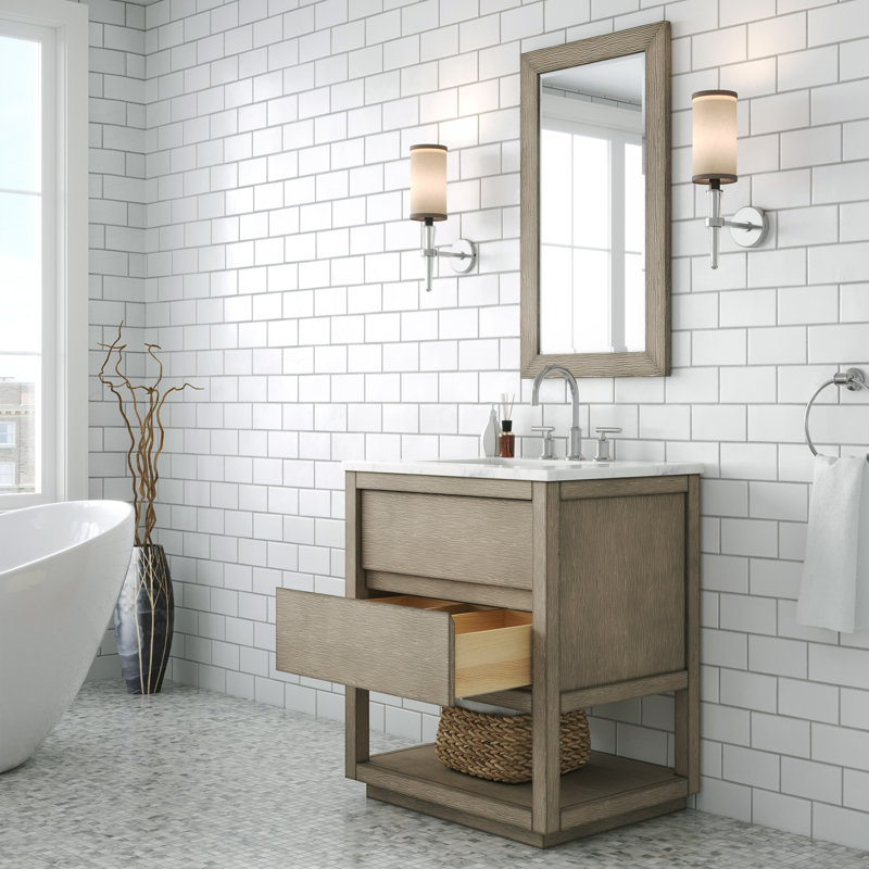 Oakman 30" Carrara White Marble Countertop Bath Vanity in Gray Oak with Satin Gold Faucet, Chrome